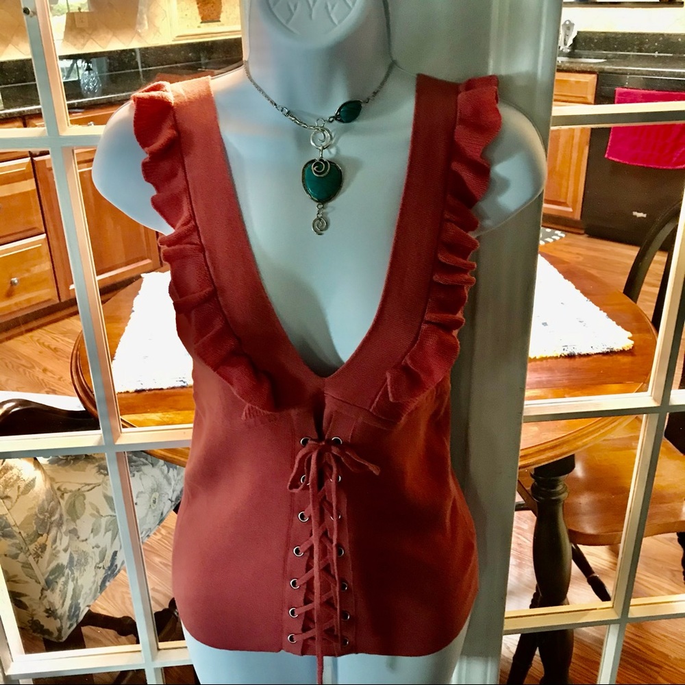 Coral knit lace up pretty top